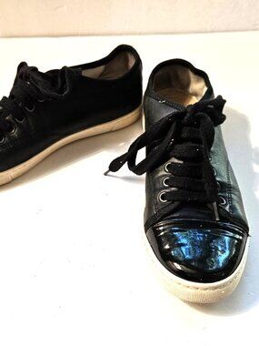 Lanvin Paris Lace Up Cap Toe Low Top Leather Sneakers Black Women’s Size 7 EU 38